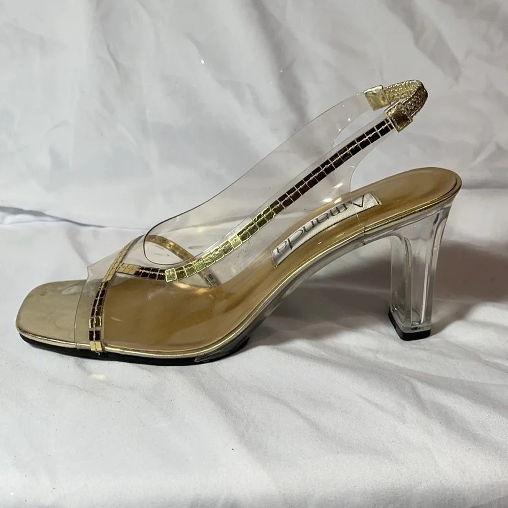 Amanda Acrylic Heels with Gold Accents - EUC